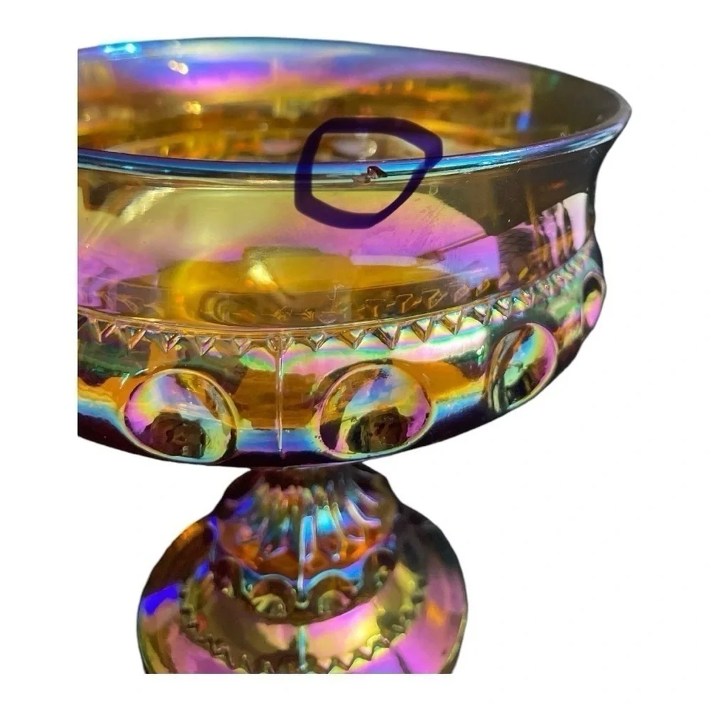 Indiana Glass Kings Crown Carnival Glass Iridescent Pedestal Candy Compote 5.25